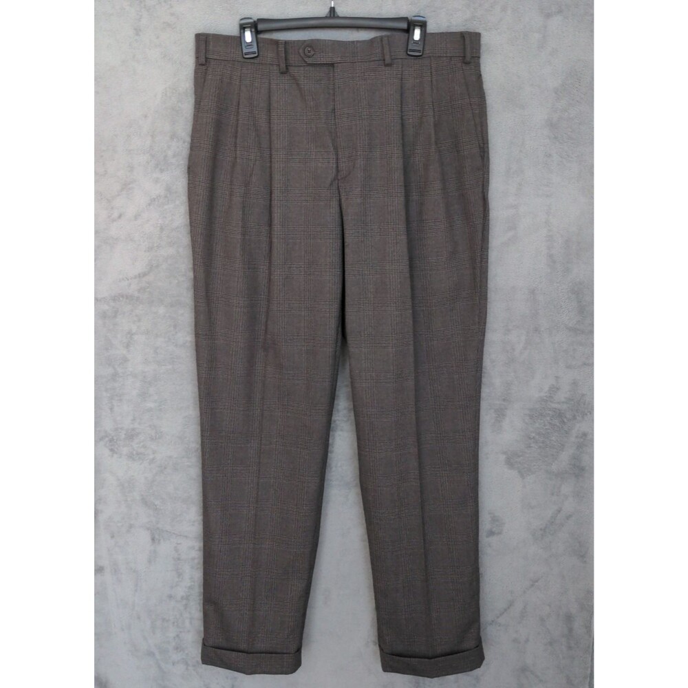 Ralph Lauren Glen Plaid Pleated Dress Pants Mens 36x32 Brown Cuffed Preppy